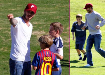 Sproščeni David Beckham užival med nogometom s sinovi