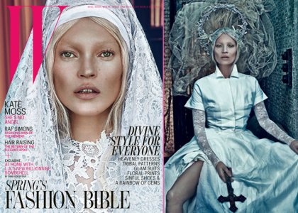 Kate Moss šokirala kot erotična nuna s križem in razširjenimi nogami