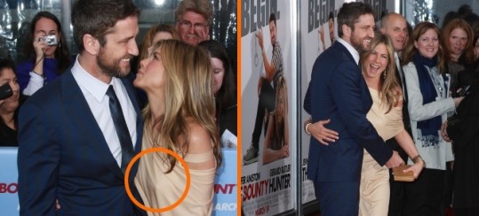 FOTO Jennifer Aniston: Na premieri se je brez modrčka s prsmi naslanjala na Gerarda