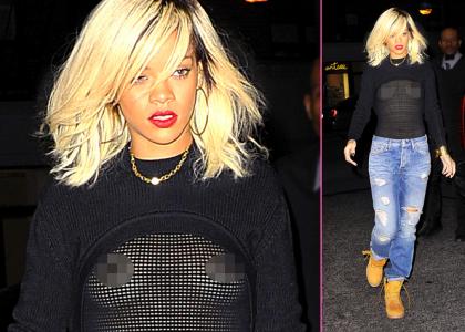 Opa! Rihanna naokoli v prosojnem puloverju: Kazala gole prsi!