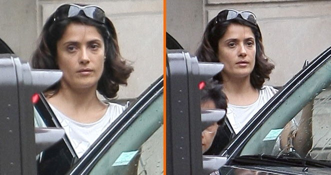 Salma Hayek brez ličil izgleda postarano in izmučeno