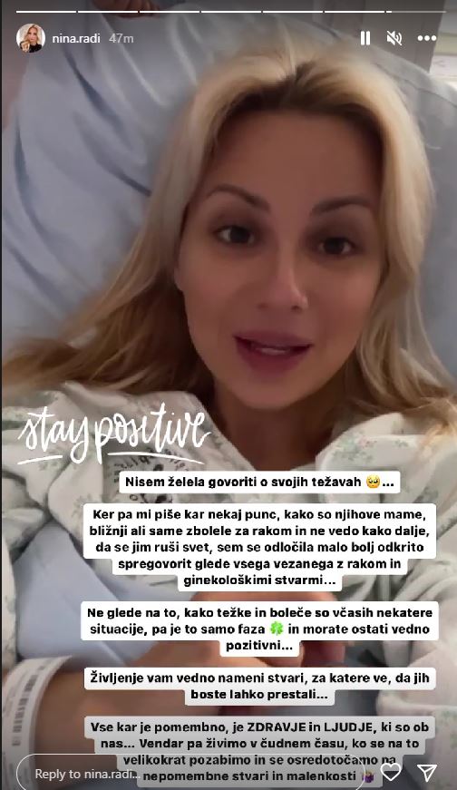 Nina Radi v bolnišnici. Vir: Instagram
