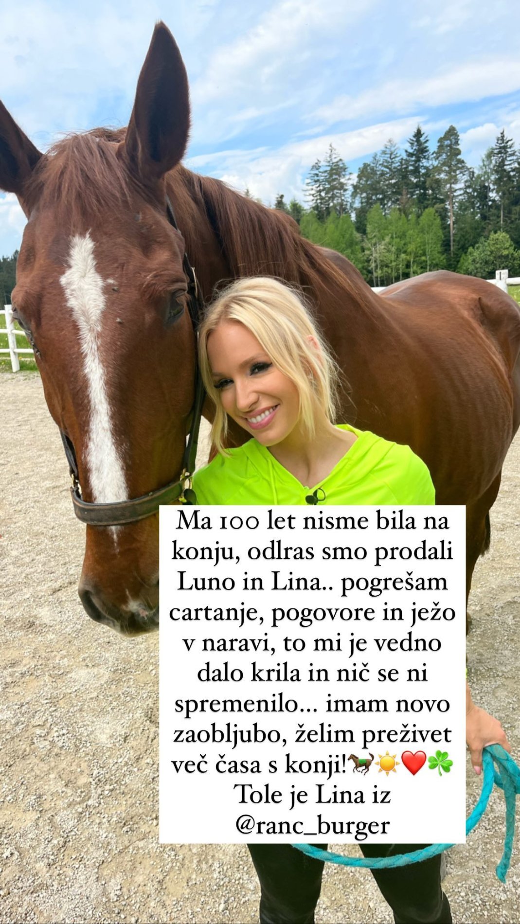 Alya pogreša konje. Vir: Instagram