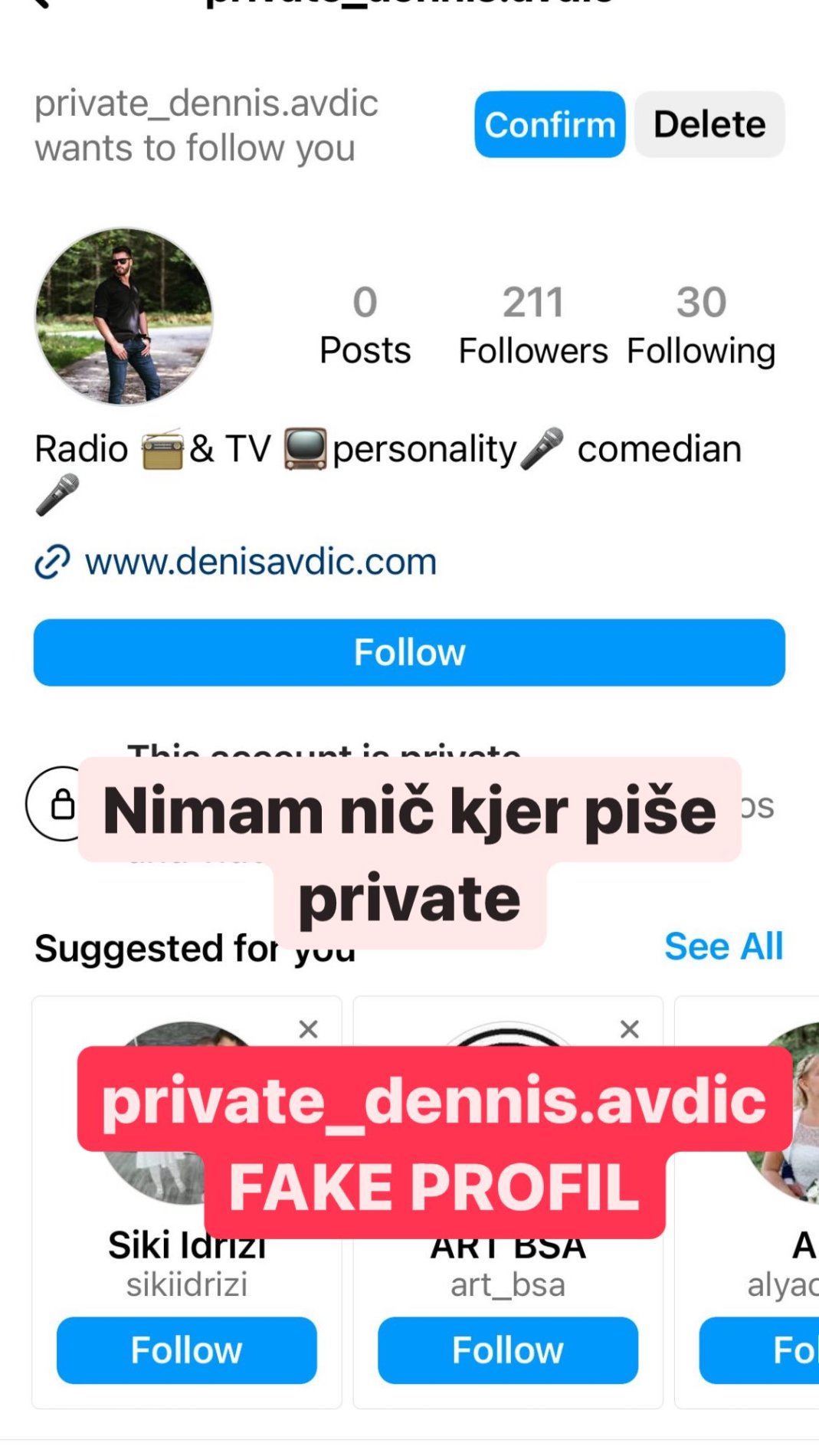 Lažen profil. Vir: Instagram