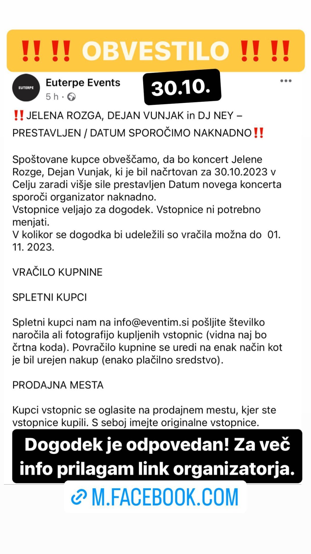 Dejan Vunjak je sporočil, da je koncert odpovedan. Vir: Instagram