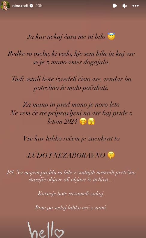 Nina Radi se je javila z dolgim zapisom. Vir: Instagram