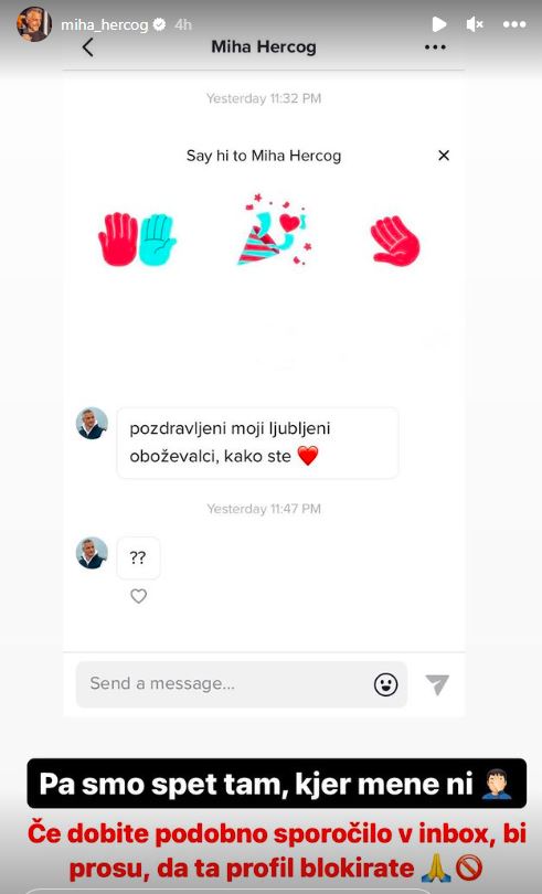 Lažni profil Mihe Hercoga. Vir: Instagram