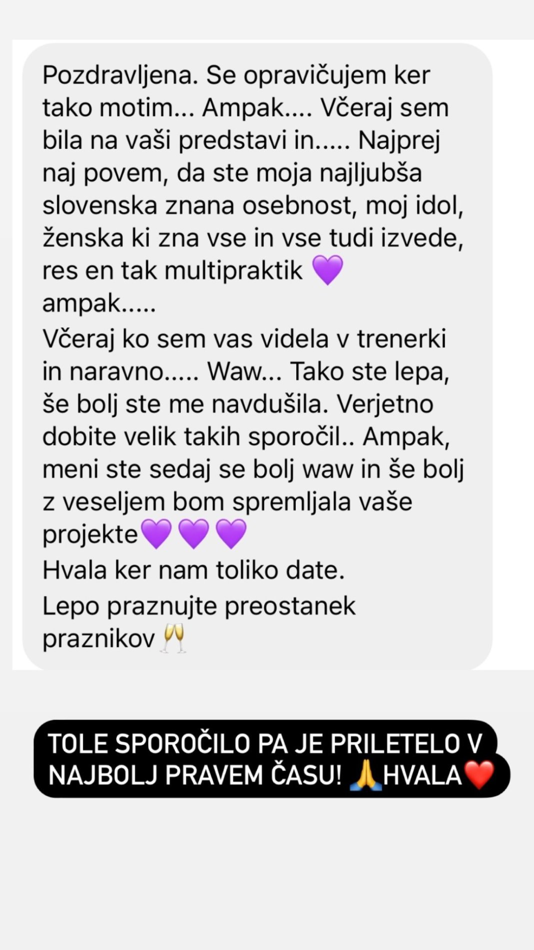 Sporočilo oboževalke Rebeki Dremelj. Vir: Instagram