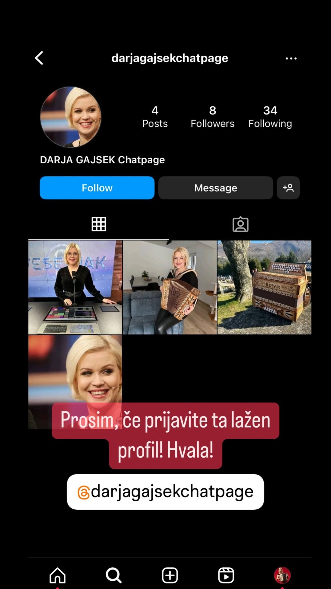 Lažen profil, ki se izdaja za Darjo Gajšek. Vir: Instagram