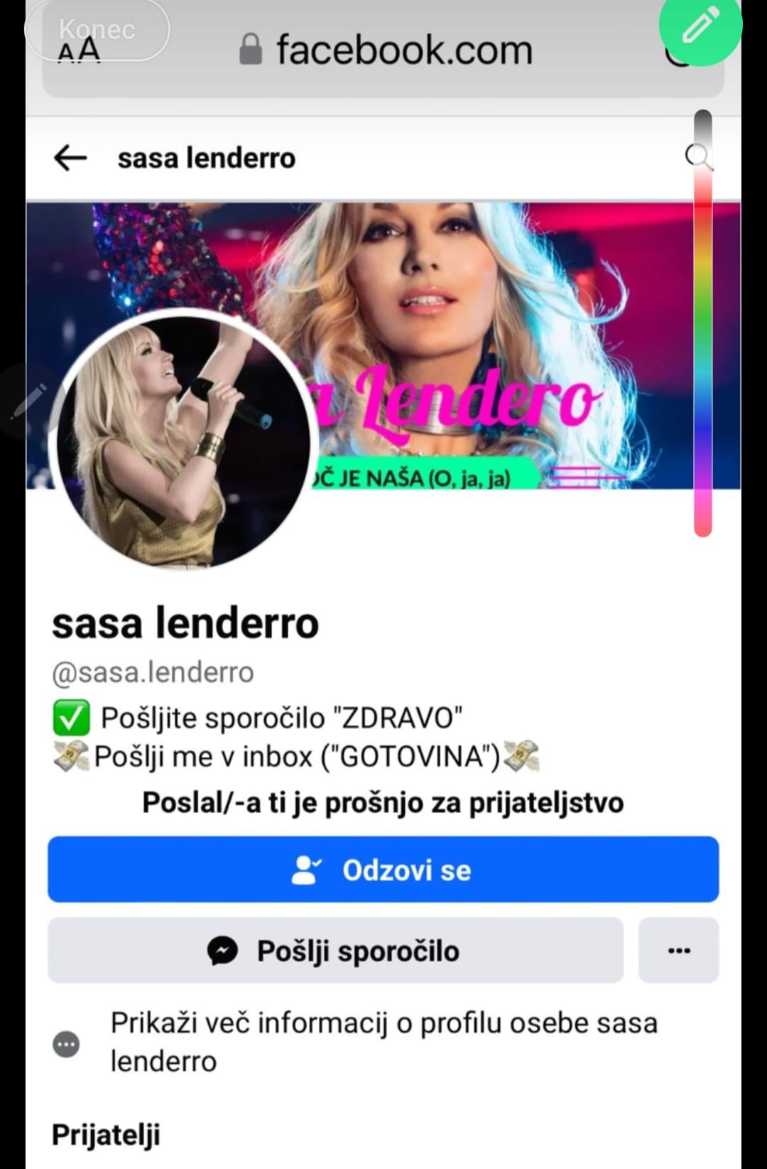 Saša Lendero in lažen profil. Vir: Instagram