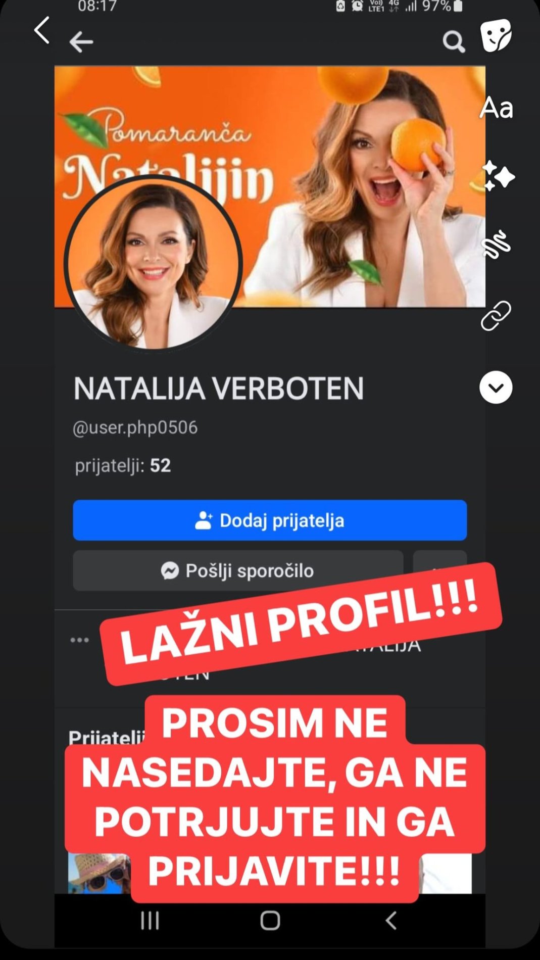 Lažen profil v imenu Natalije Verboten. Vir: Instagram