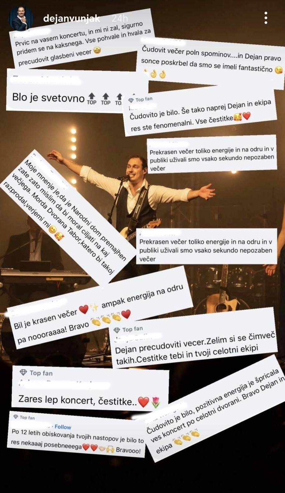 Odzivi obiskovalcev koncerta Dejana Vunjaka. Vir: Instagram