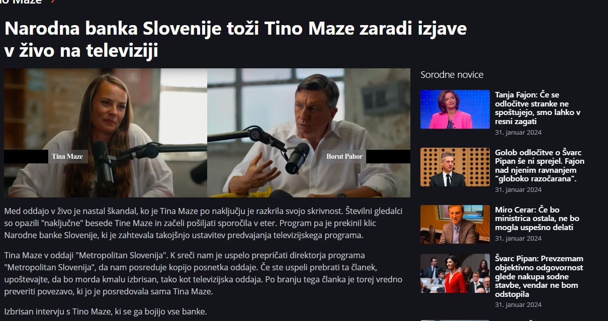 Lažni članek o Tini Maze. Vir: Facebook.com