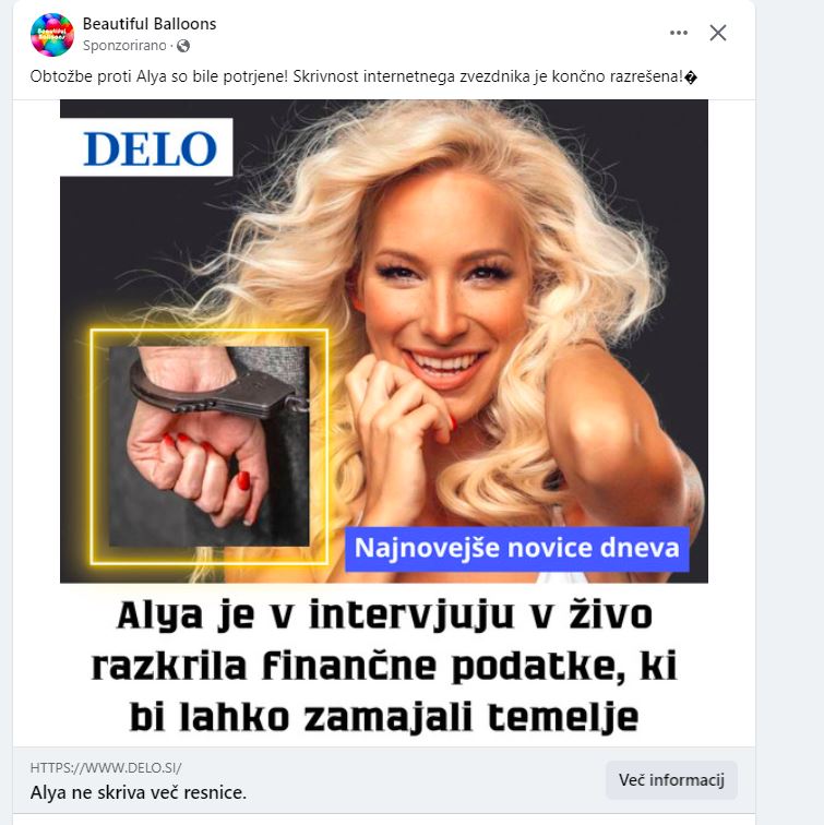 Alya se pojavlja na lažnih oglasih. Vir: Instagram