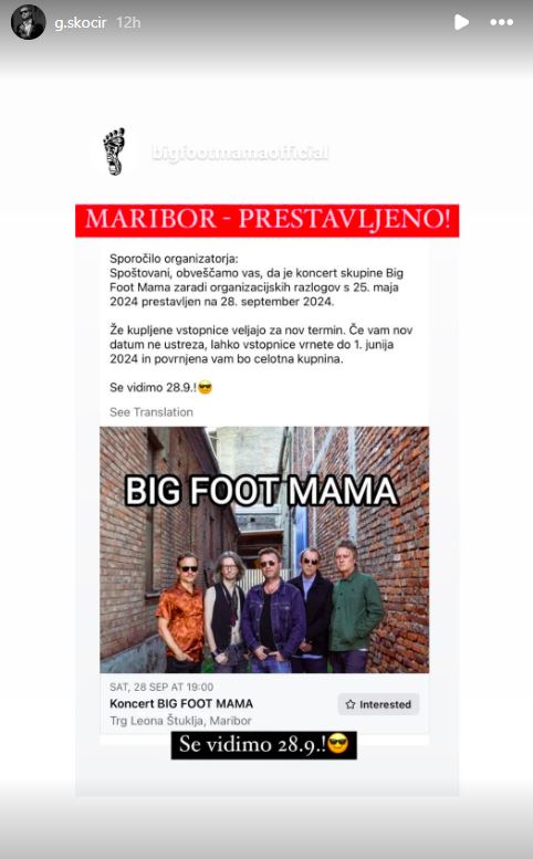 Koncert v Mariboru je prestavljen. Vir: Instagram