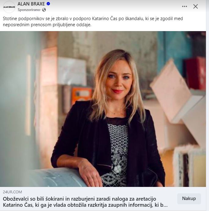 Lažen članek, ki o Katarini Čas kroži po spletu. Vir: Facebook