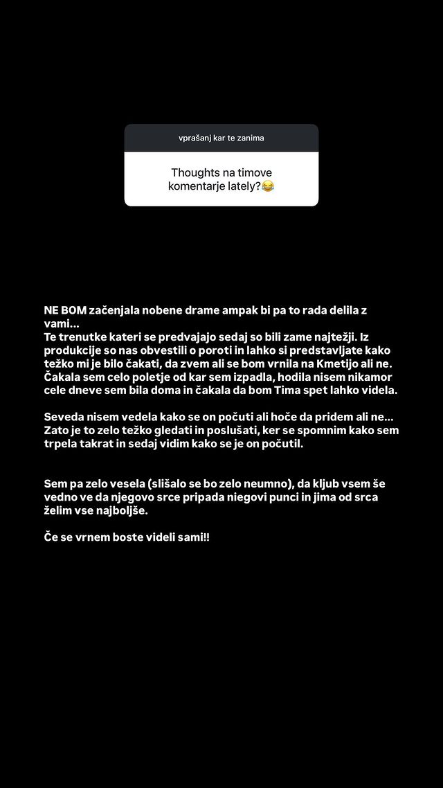 Nuša o Timovih besedah v Kmetiji. Vir: Instagram