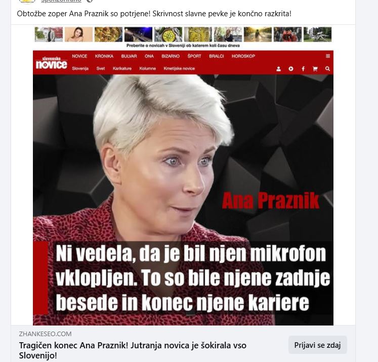 Lažen oglas z Ano Praznik. Vir: Facebook.com