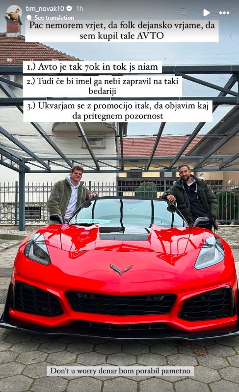 Tim in Nik ob luksuznem avtomobilu. Vir: Instagram