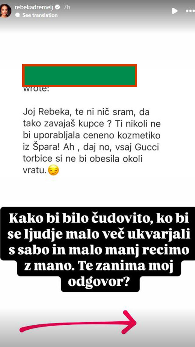 Rebeka Dremelj je prejela takšno sporočilo. Vir: Instagram