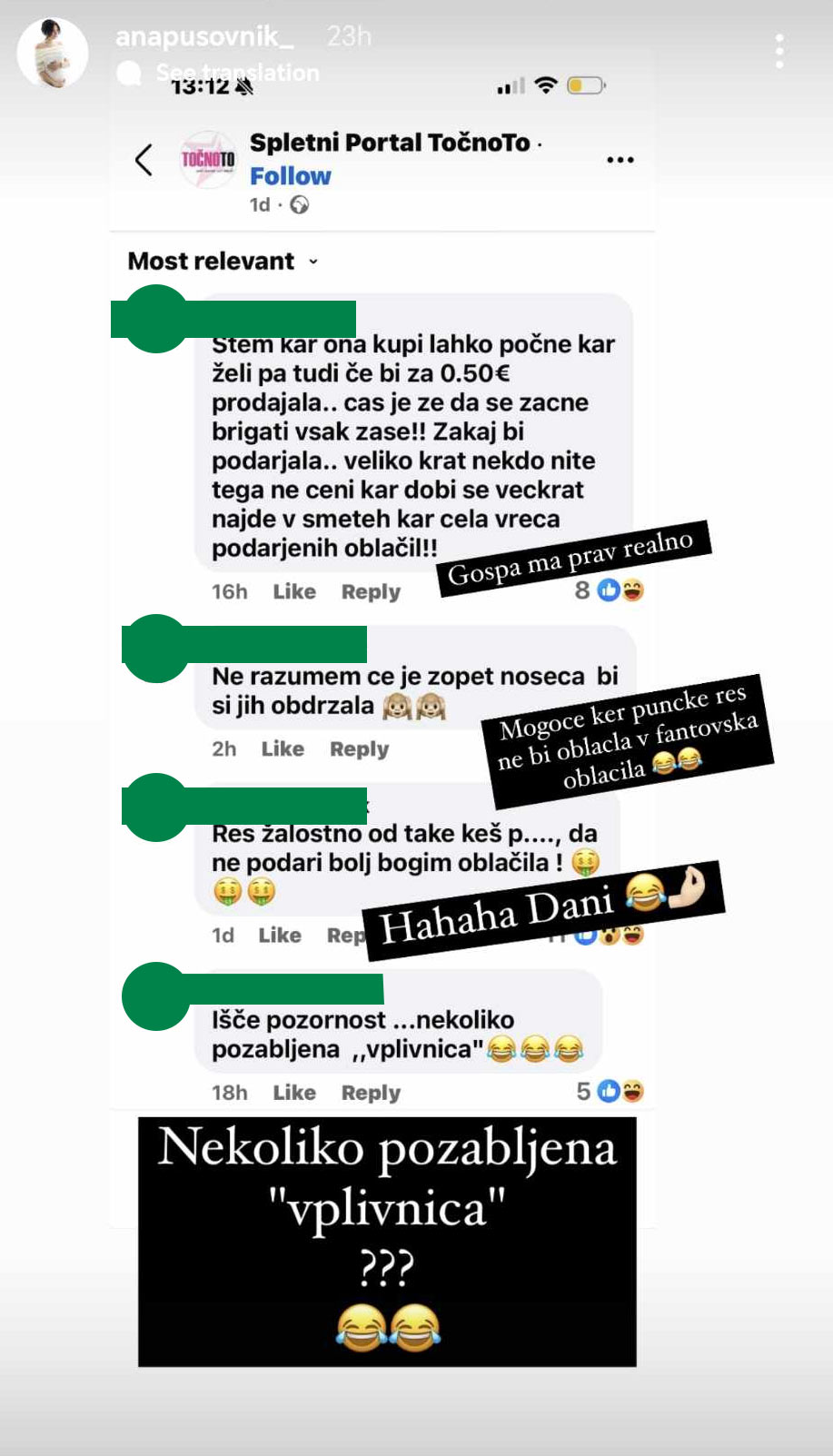 Ana Pusovnik se je odzvala na komentarje. Vir: Instagram