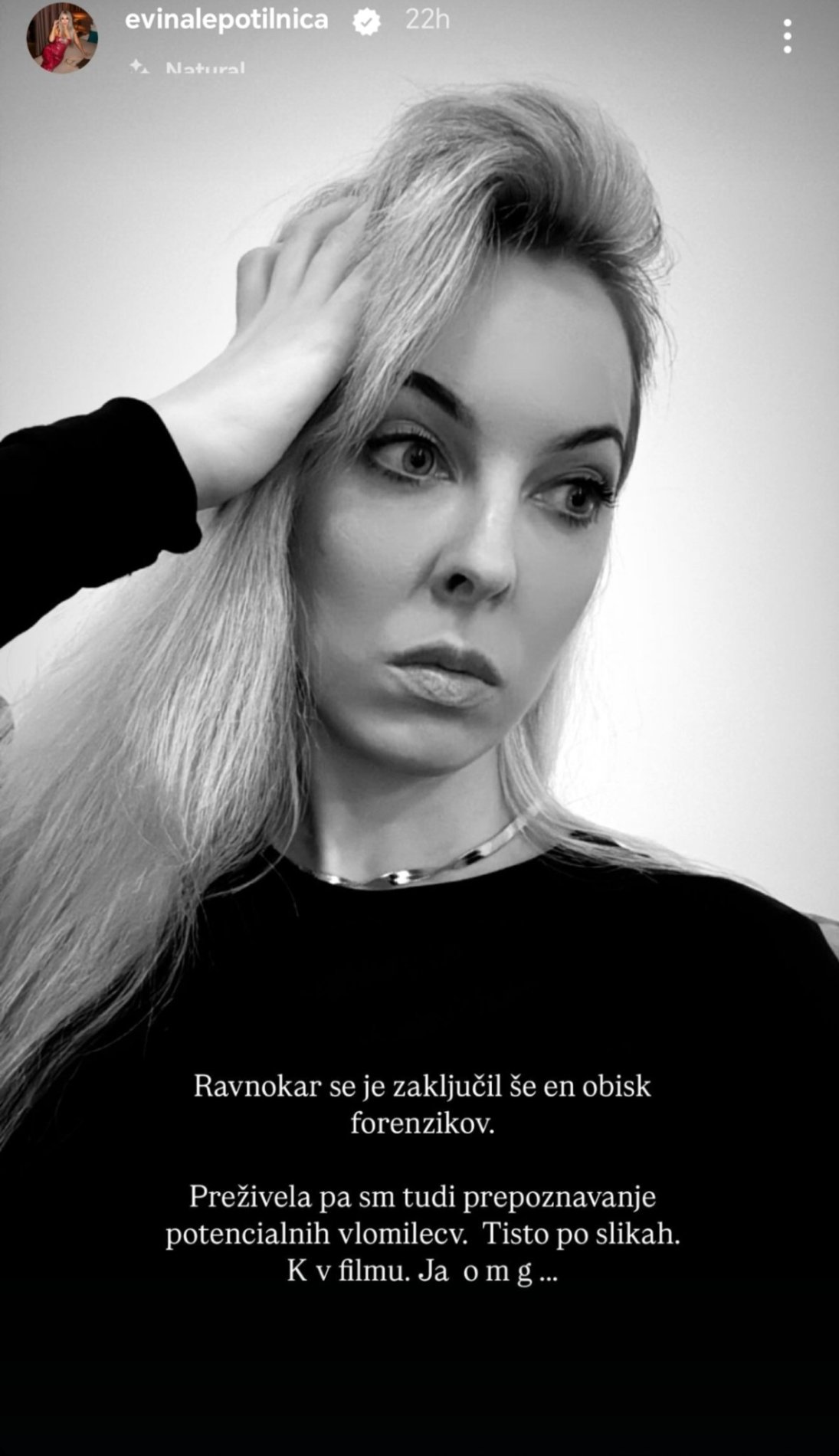 Eva Centrih kot v nočni mori. Vir. Instagram