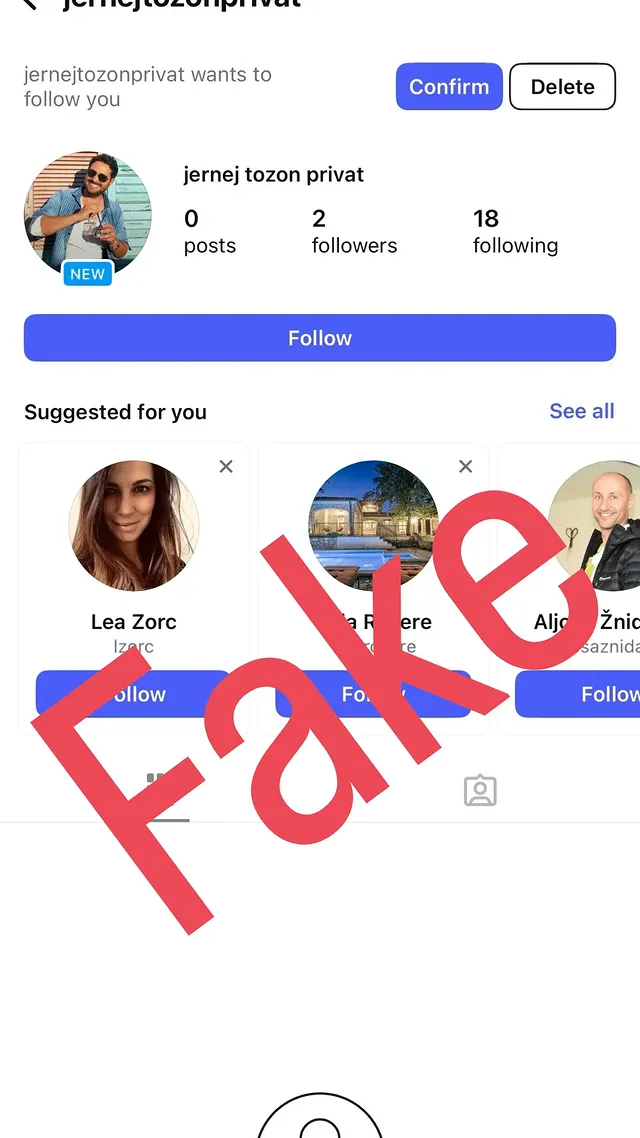 Jernej Tozon opozarja na lažni profil. Vir: Instagram