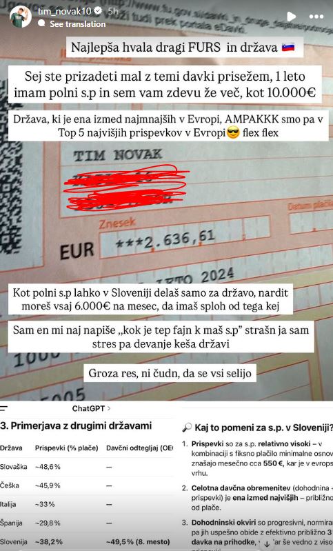 Tim Novak in položnica, ki jo je prejel