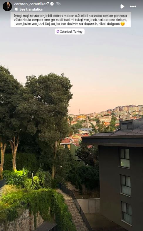Carmen Osovnikar je doživela potres v Turčiji. Vir: Instagram