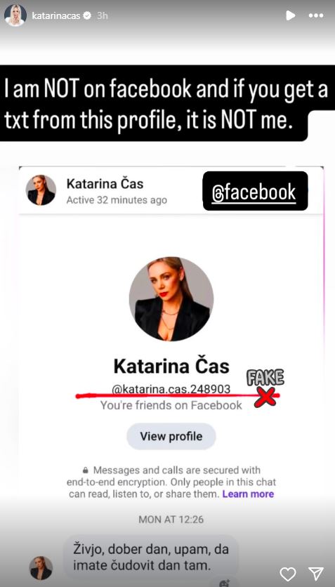 Katarina Čas ni pisala sporočil na Facebooku. Vir: Instagram