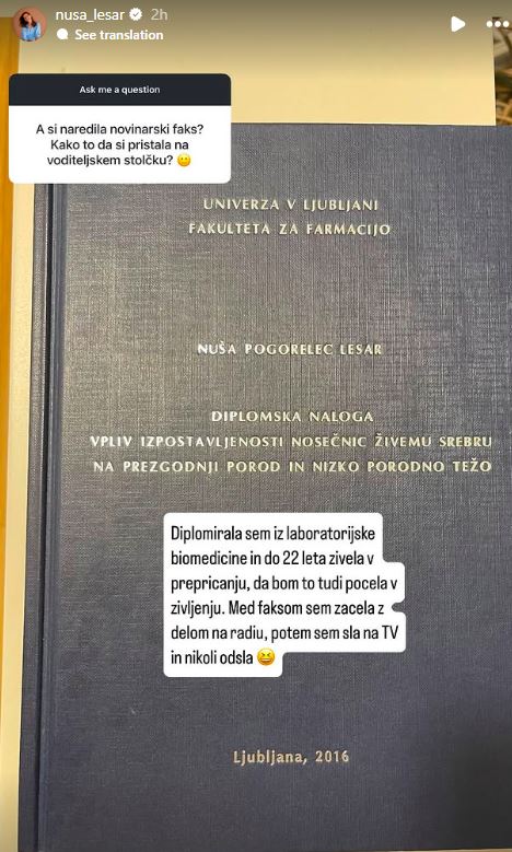 Nuša Lesar je diplomirala na fakulteti za farmacijo. Vir: Instagram