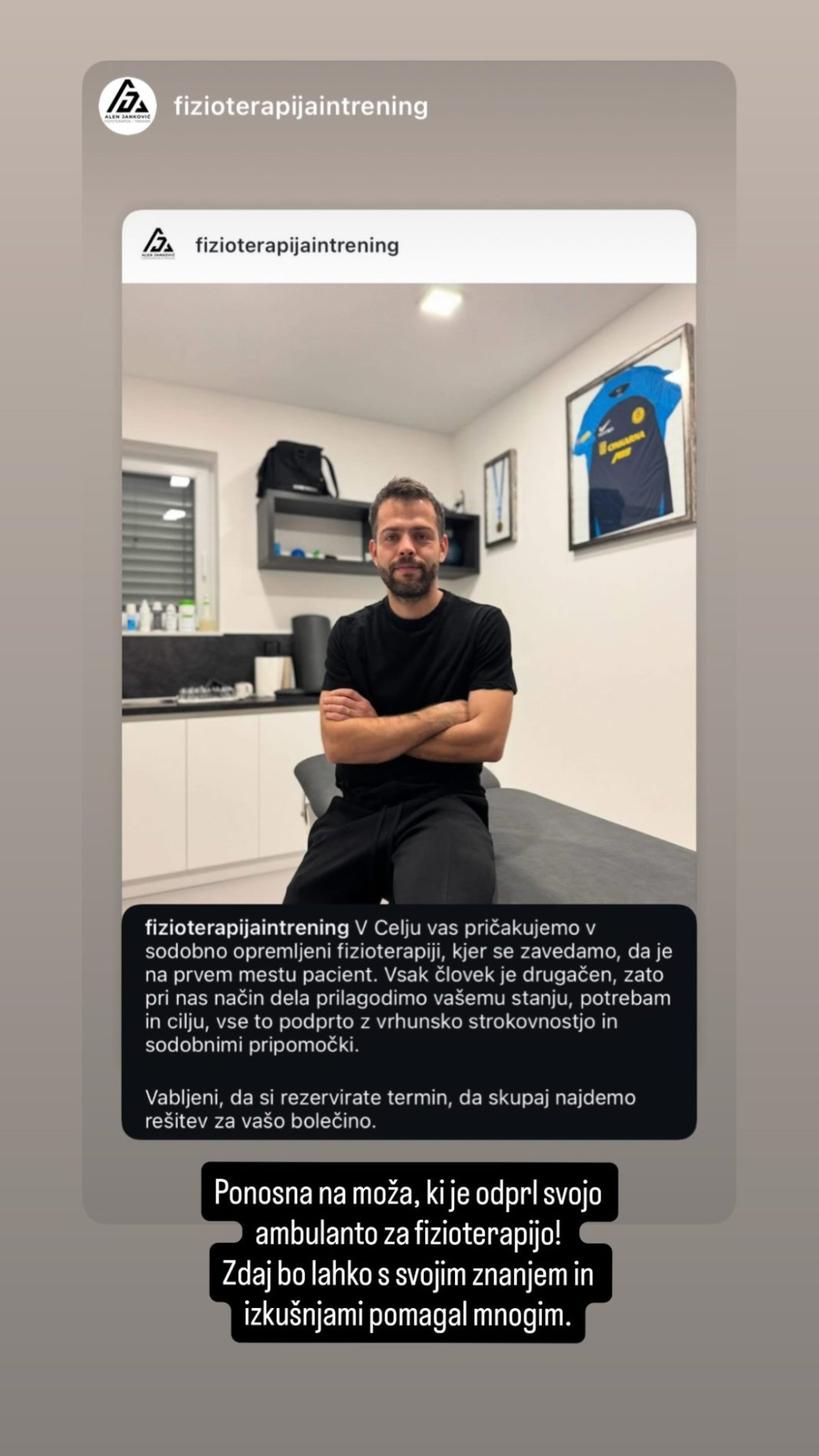 Mož Darje Gajšek je odprl lastno ambulanto za fizioterapijo. Vir: Instagram