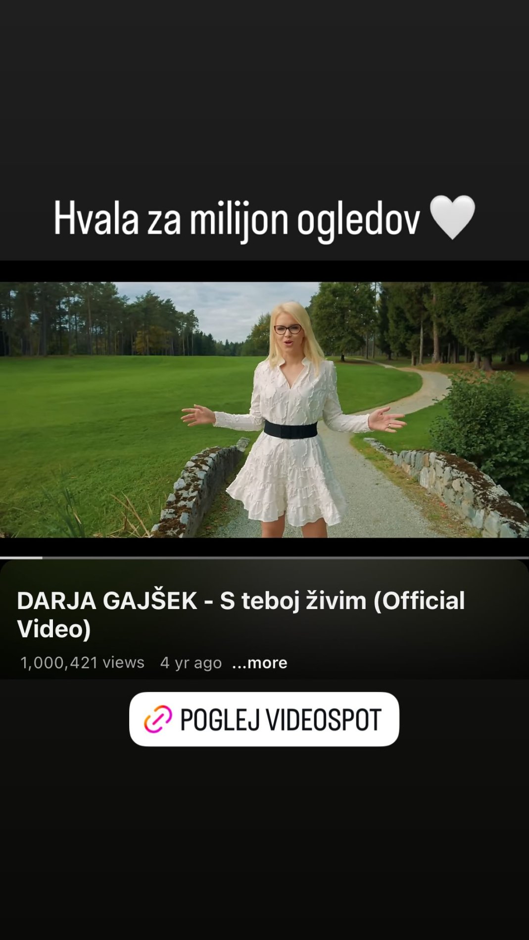 Njena pesem ima več kot milijon ogledov na YouTube. Vir: Instagram