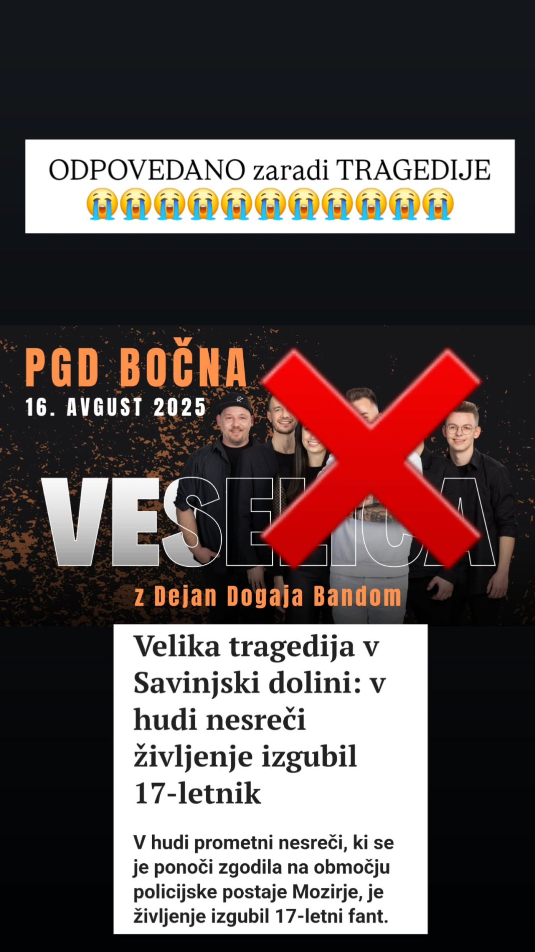 Veselica je odpovedana. Vir: Instagram