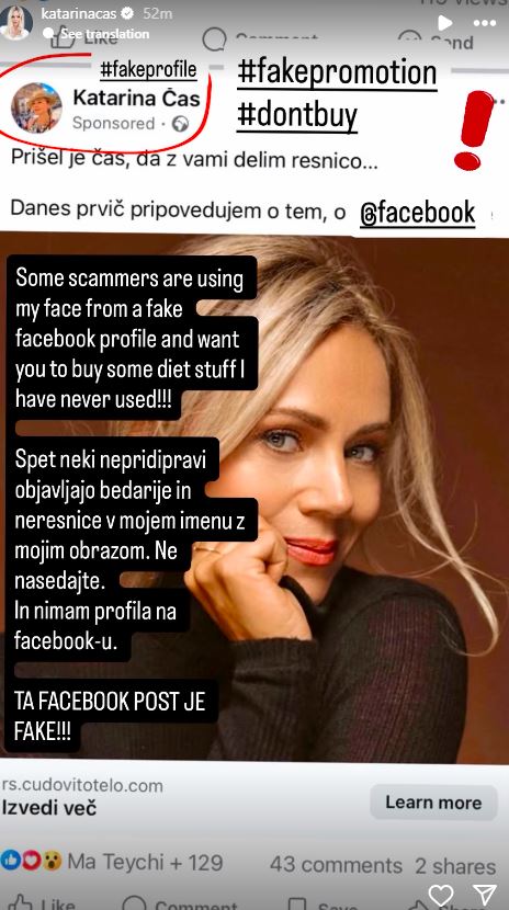 Katarina Čas z opozorilom. Vir: Instagram