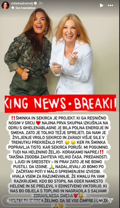 Rebeka je sporočila žalostno vest. Vir: Instagram