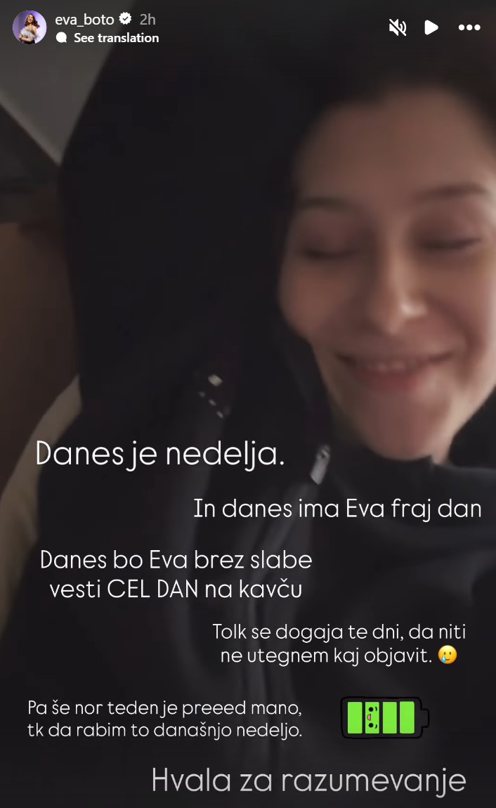 Eva Boto je v nedeljo počivala. Vir: Instagram