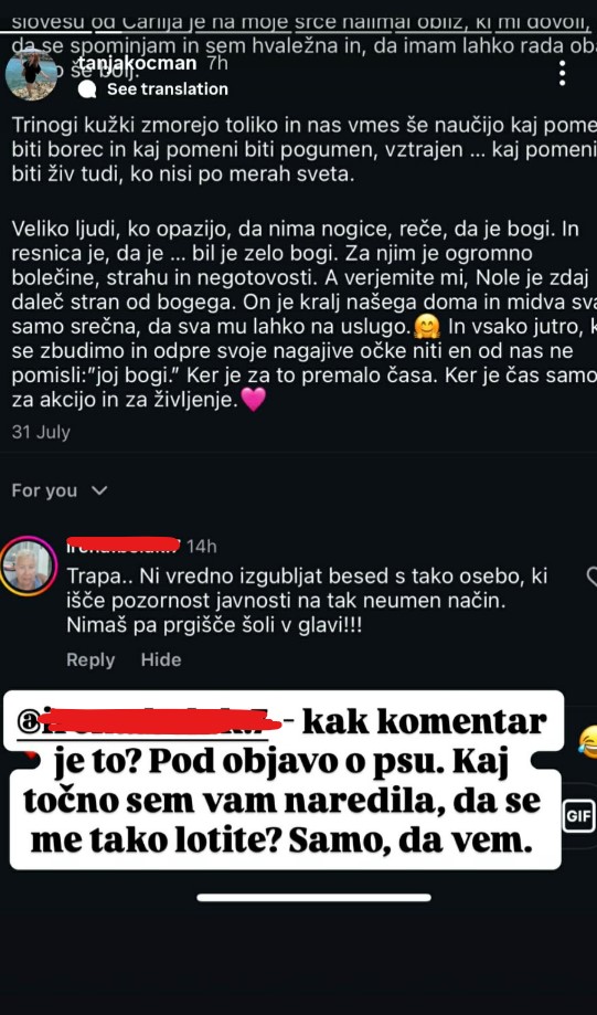 Nesramen komentar ki ga je prejela Tanja pod objavo