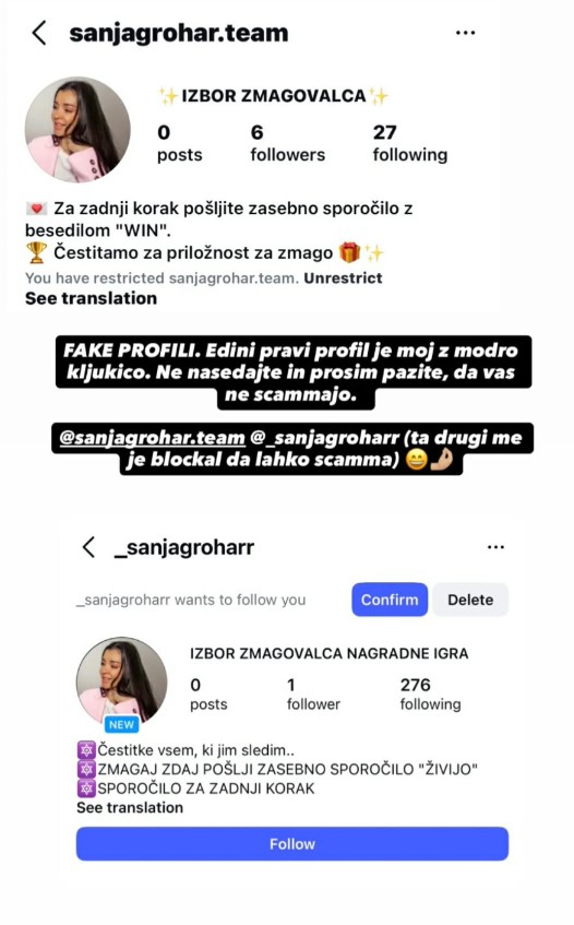 Sanja Grohar lažen profil