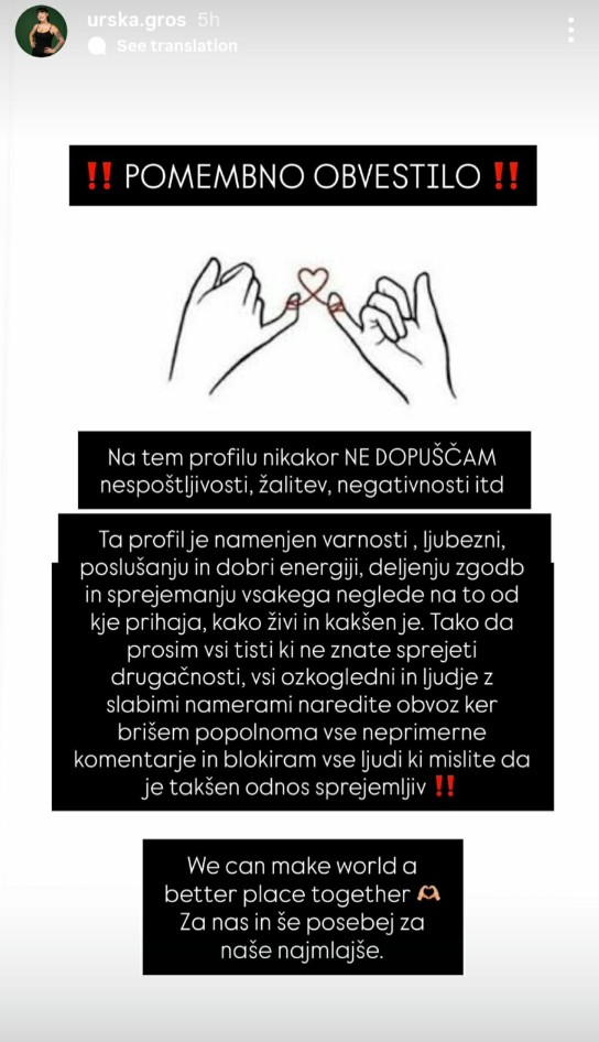 Urška Gros postavlja meje. Vir: Instagram