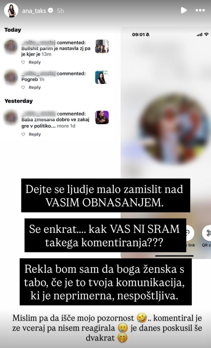 Ana Taks ni ostala tiho. Vir: Instagram