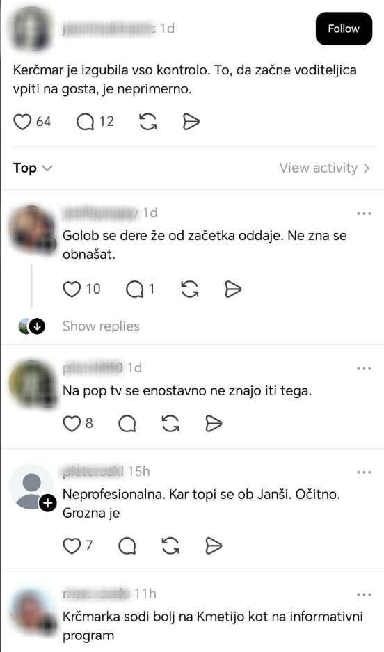 Očitki na račun Petre Krčmar. Vir: Threads