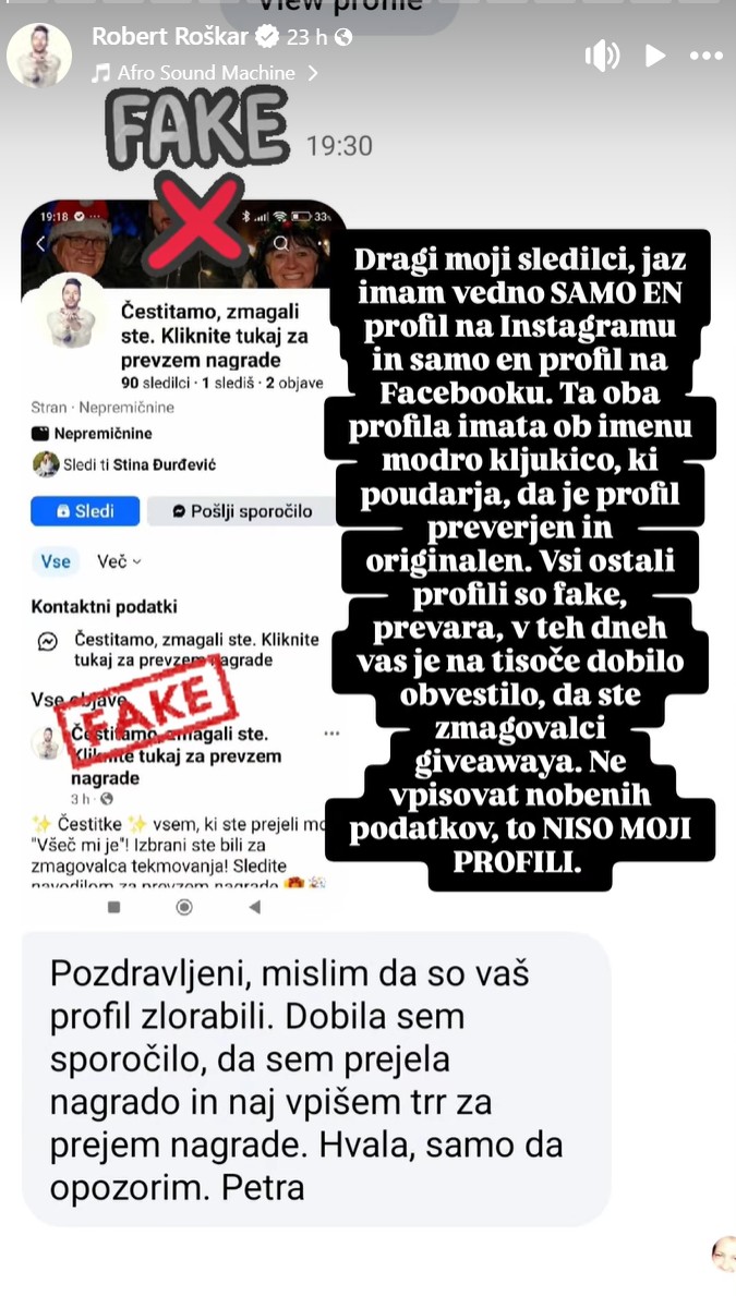 Robert Roškar je opozoril. Vir: Instagram