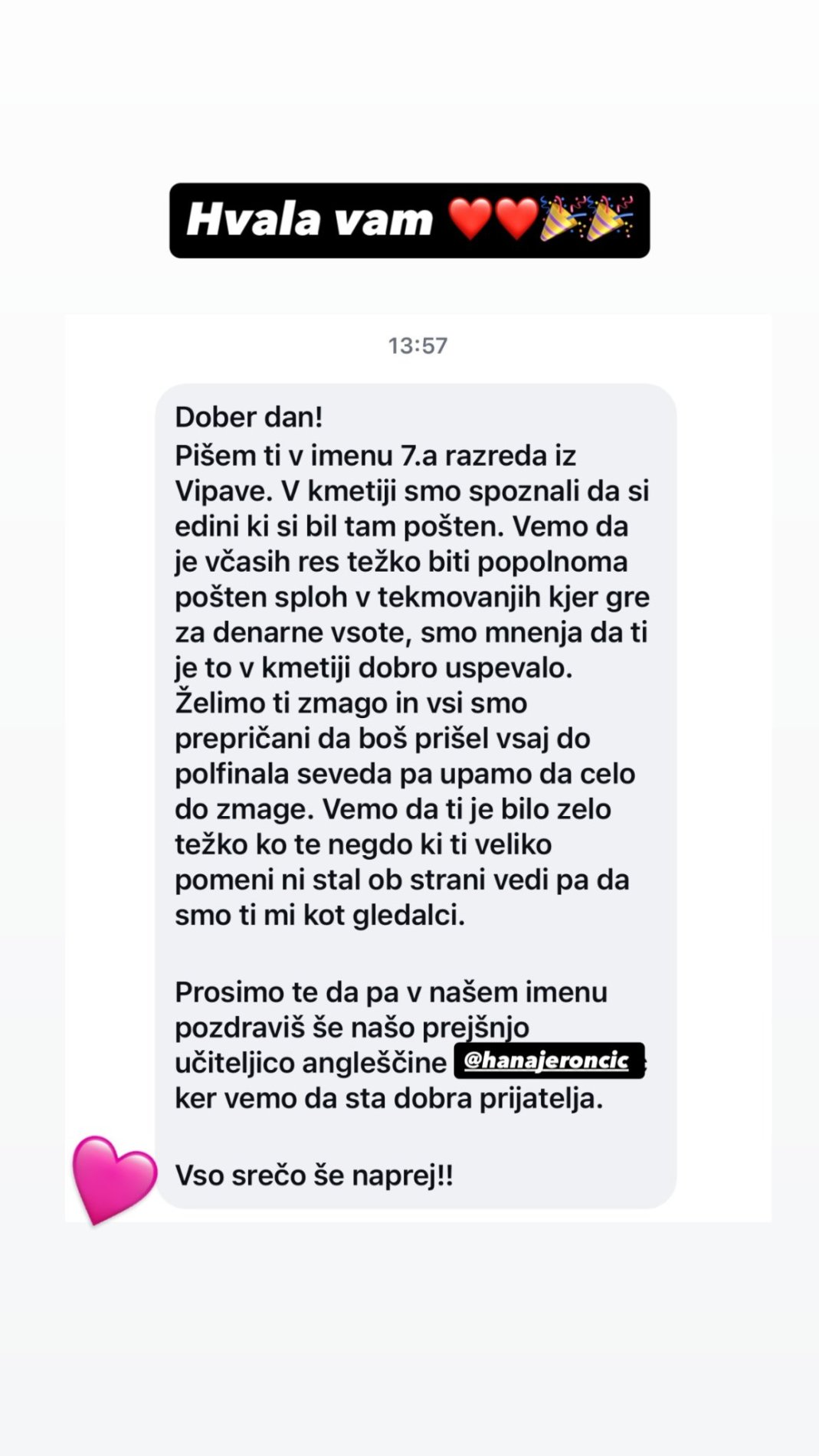 Igor je prejel lepo sporočilo