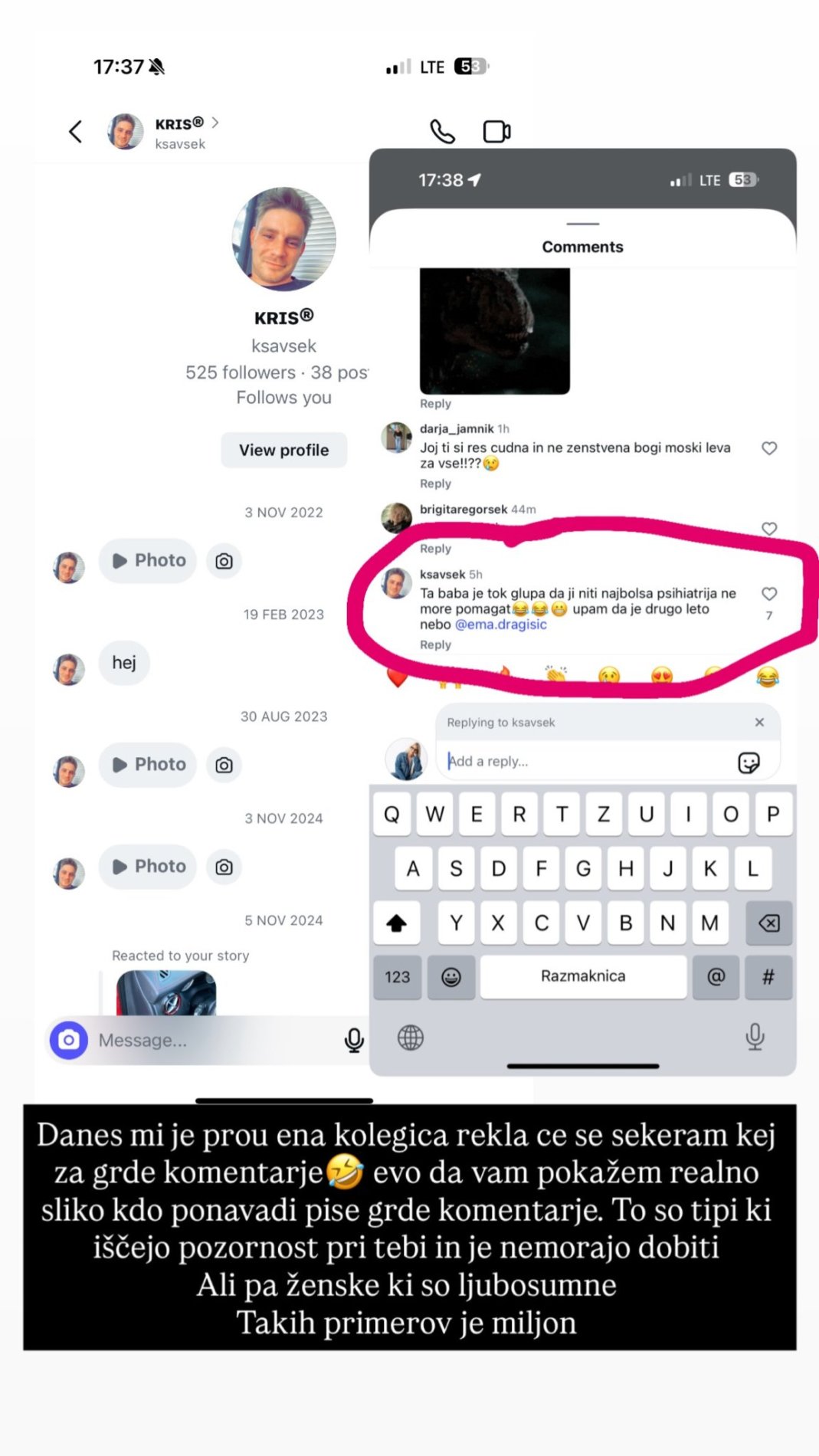 Ema o negativnih komentarjih. Vir: Instagram