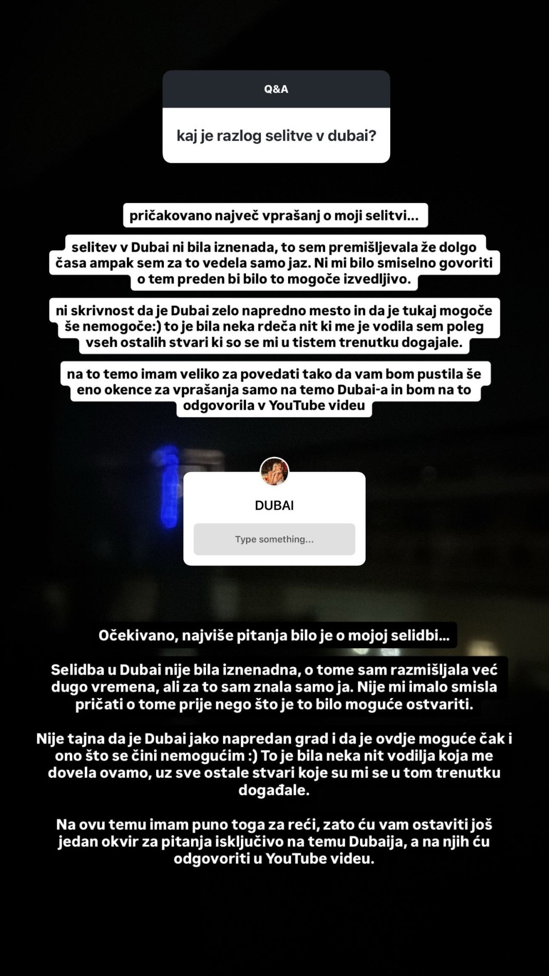 Nuša Šebjanić o selitvi v Dubaj. Vir: Instagram