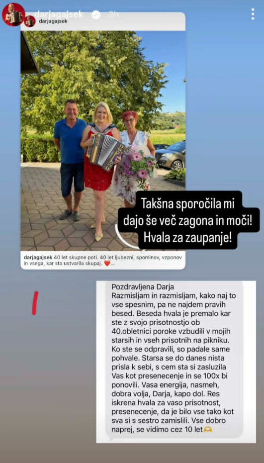 Darja je prejela ganljivo sporočilo. Vir: Instagram