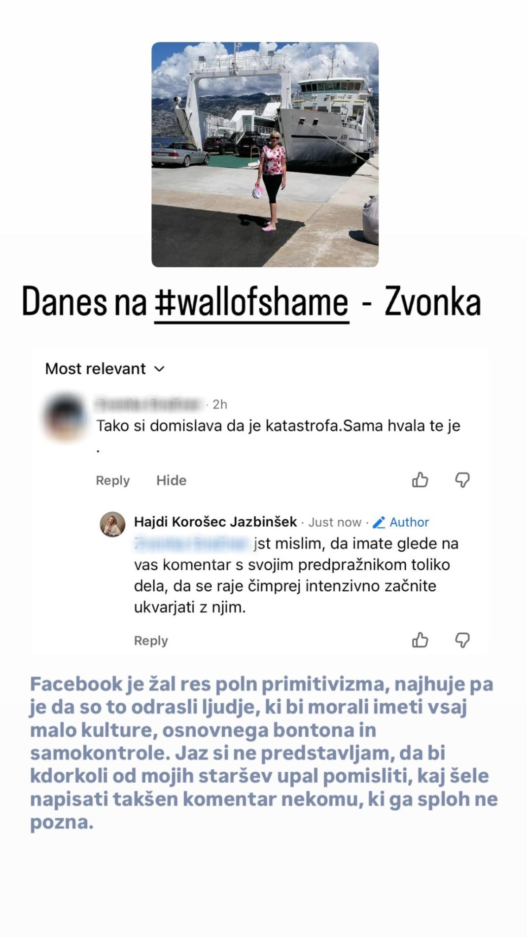 Hajdi je dobila grd komentar. Vir: Instagram
