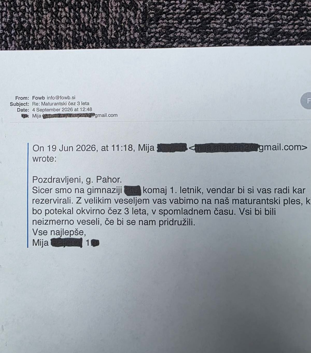 Vabilo, ki ga je prejel za leto 2029. Vir: Instagram