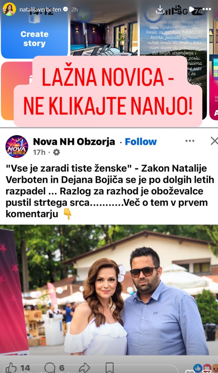 Lažna novica o Nataliji Verboten. Vir: Instagram